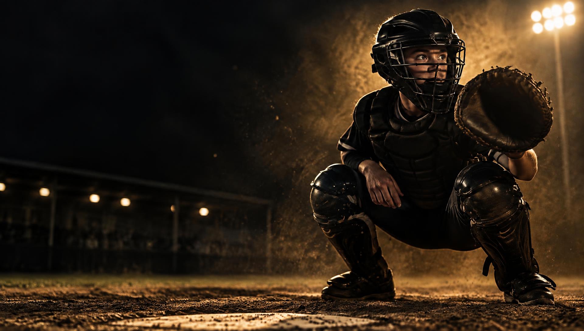 Young catcher in full gear crouched behind home plate under stadium lights